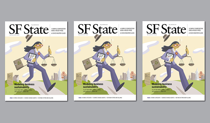 The cover of the SF State magazine features an illustration of a multitasking person